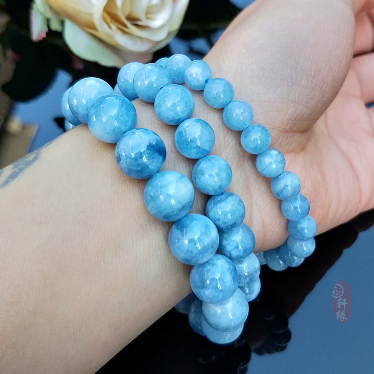 Fine Natural Blue Crystal Jade Bangle jadeite Hand Carved Bead Bracelet Amulet Lucky 9mm Bead