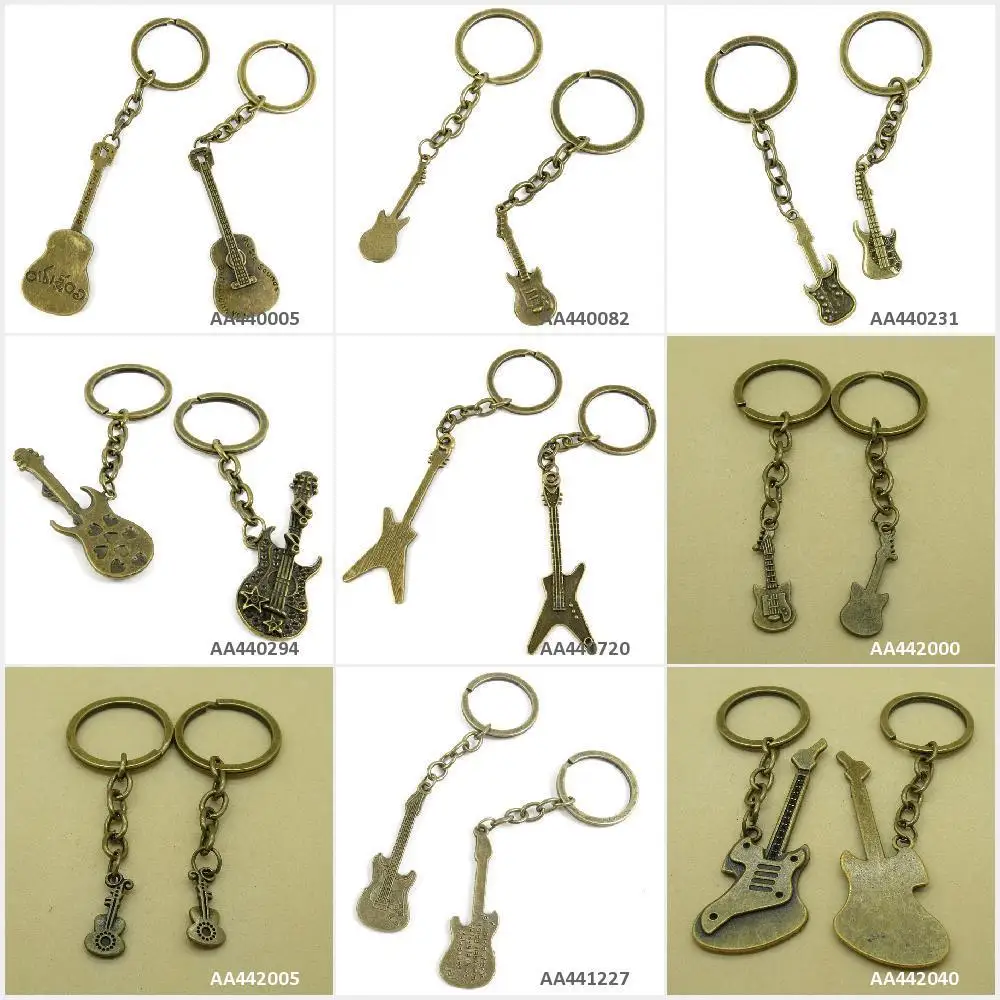 Antique Bronze Tone Keychain Keyring Keytag Electric Guitar Violin Key Chain Ring Tag Bag Charms Gift