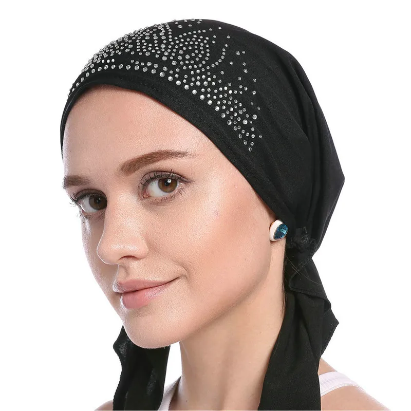 Fashion Muslim Headscarf Hat Thin Summer Women Inner Hijab Bonnet Solid Diamond Turban Caps India Head Wrap Hats For Lady