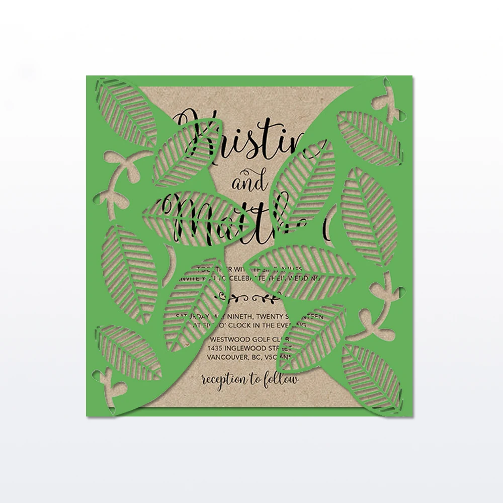 Green Wedding Invitation with Kraft Paper Invitation Card Leaf Design Laser Cutting Invitations - Set of 50 pcs