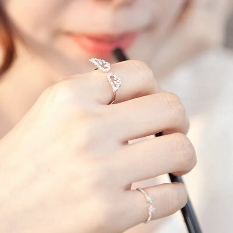 Silver Color Angel Wings Ring Adjustable Micro Pave Zircon Joint Rings For Women Fashion Opening Rings Jewelry Female Lover Gift image 3