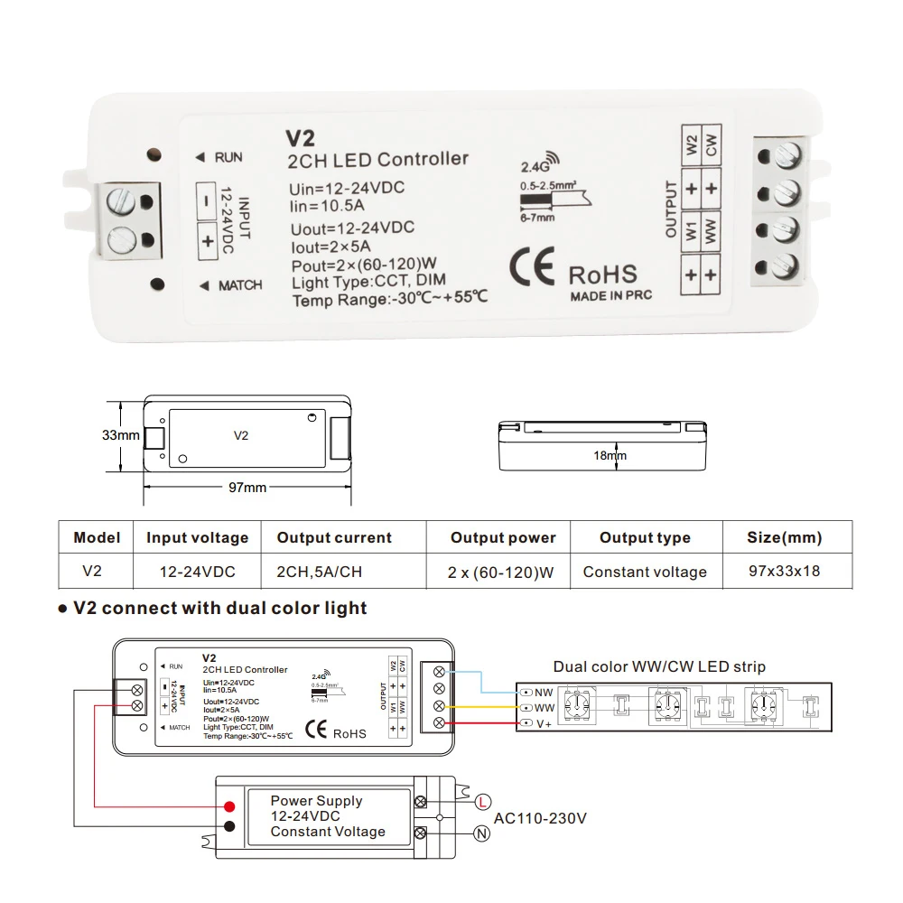 LED Dimmer CCT Switch 12V 24V 10A 2CH 2.4G WW CW Single Color LED Strip Light RF Wireless Remote Wifi Smart 12 Volt Controller