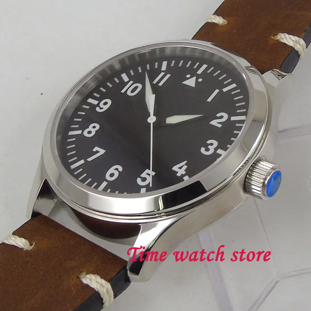 42mm Automatic Men\'s Watch  Miyota 8215 NH35 Sapphire Glass Black Dial Leather Strap Polished Case Green Luminous