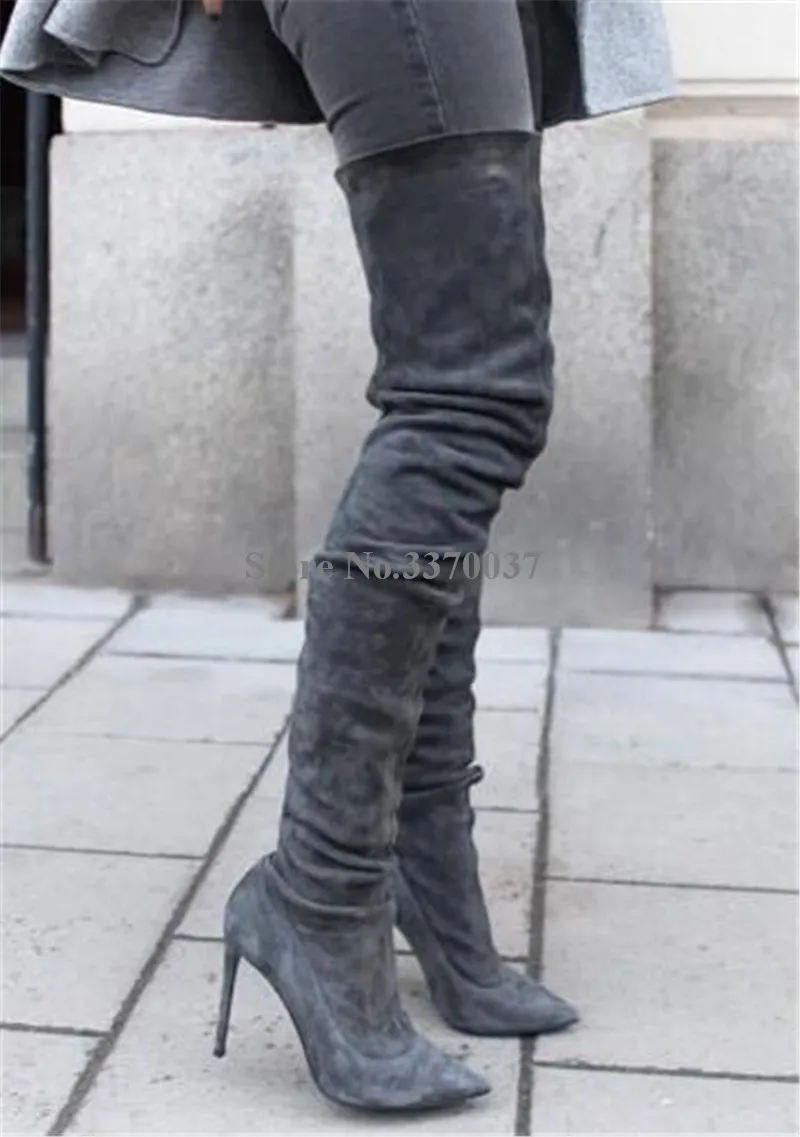Linamong Women Fashion Pointed Toe Suede Leather Over Knee Thin Heel Boots Dark Grey Slim Style Long High Heel Boots Club Shoes image 4