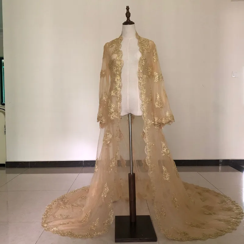 Luxury Real Bild Goldene Braut Capes Mäntel Schal Lange Hülse Spitze Hochzeit Jacken Wrap Appliques Nach Weiß Elfenbein Jacke