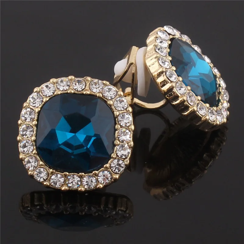 GRACE JUN Red and Blue  Rhinestone Crystal Clip on Earrings No Pierced for Women Party Wedding Luxury Bride No Hole Earrings