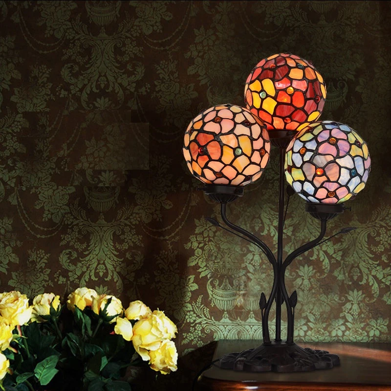 FUMAT Christmas Stained Glass Tiffany Style Handcraft Ball Desk Lamp Antique Table Lamps LED Tree Lights European Decorate Light