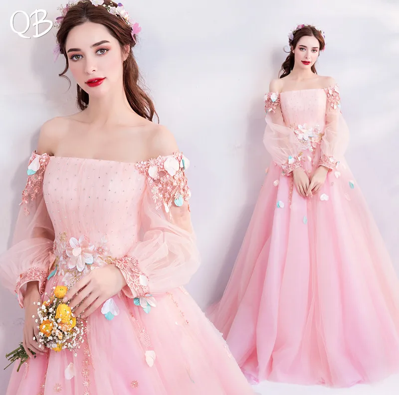 Pink A-line Long Sleeve Tulle Lace Appliques Elegant Formal Evening Dresses 2020 New Fashion Bride Party Prom Dress XK205