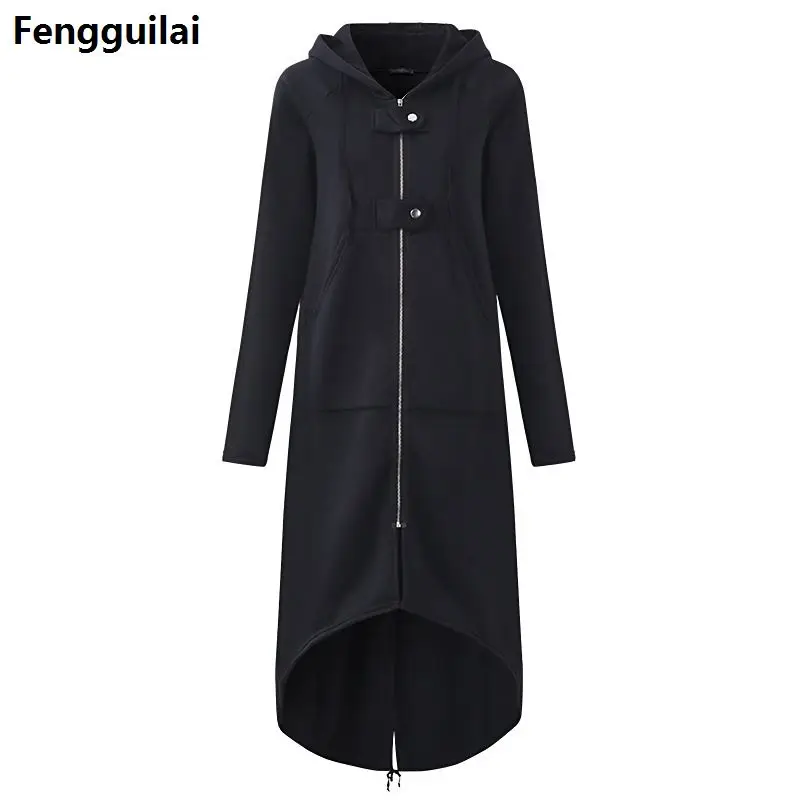 Women Hooded Long Sleeve Zipper Drawstring Casual Irregular Coat Casual Solid Long Jacket Sweatshirt