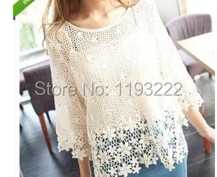 Fashion Women Three Quarter Sleeve O Neck Sheer Lace Floral Embroidery Spring Crochet Tops Blouses Shirt Tee