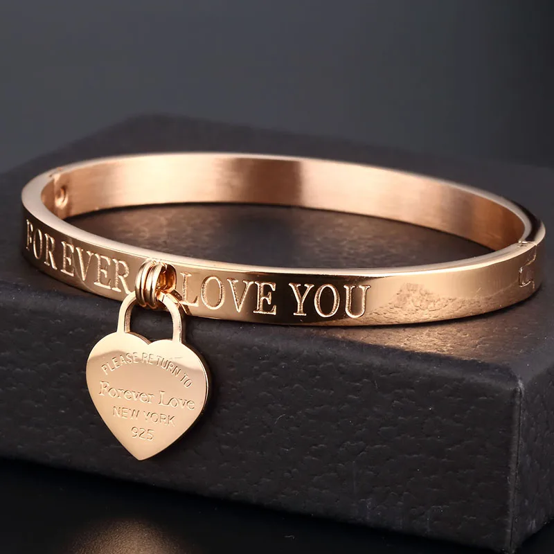 Trendy Stainless Steel Bangles Bridesmaid Gift Gold Color Cuff Bangle Forever Love Heart Bangles Bracelets Femme 2022