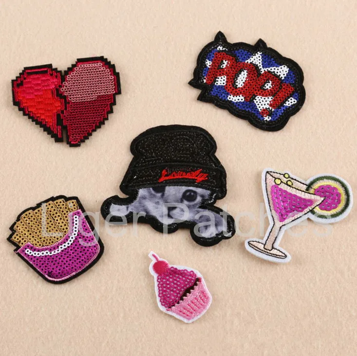 2017 New Patches 10 pcs pop drink ice cream sequins embroidered patch iron on Motif Appliques Fabric cloth embroidery accessory