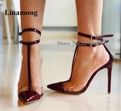 Brand Design Pointed Toe Burgundy Patent Leather Clear PVC T Strap Stiletto Heel Pumps Wine Red Transparent Patchwork High Heels