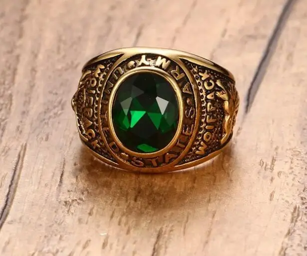 Plated Gold stainless steel Ring Band Large Green zircon Stone 8-12# Unisex Men army Gifts Hip-Hop