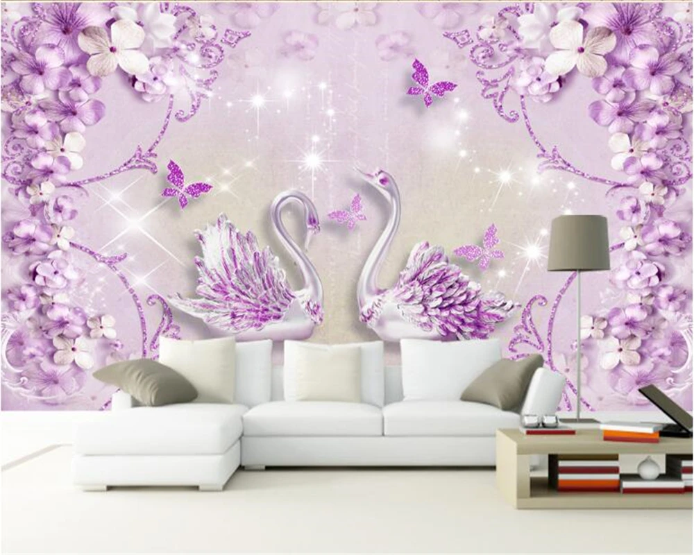 beibehang Interior senior 3d wallpaper noble gorgeous purple European style three-dimensional swan TV background papel de parede