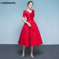 Customized New arrival 2020 Elegant Red Evening Dress V-Neck Lacing Formal Party plus size Short sleeve dresses