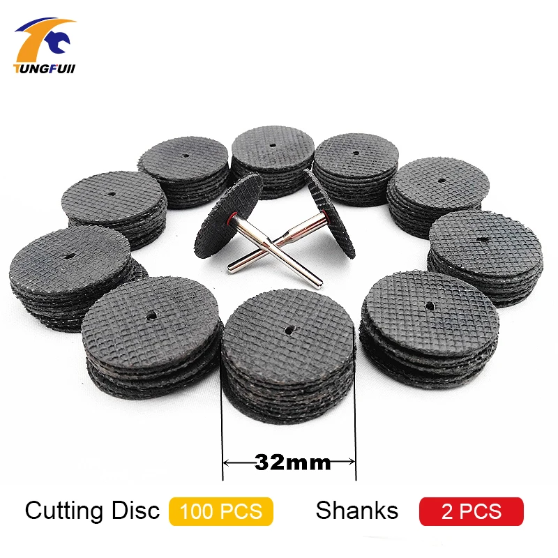 Tungfull 100pcs 32mm Resin Cut-off Wheel Cutting Disc Kit For Dremel Rotary Hobby Tool Bit Dremel Accessories +2pc Mandrel