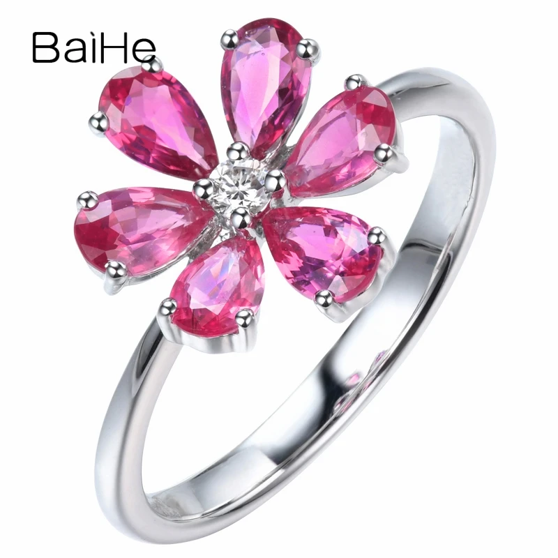 

BAIHE Solid 14K White Gold Total 1.04ct H/SI Natural Diamonds Pink Sapphirs Women Trendy Fine Jewelry Pink Sapphirs Flower Ring