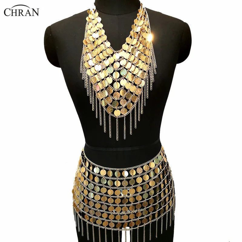 Chran Laser Sequin Mermaid Dress Chainmail Bralette Harness Necklace Festival Bra Crop Top Burning Man Wear Sexy Ibiza Skirt