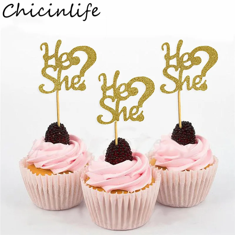 Chicinlife 5Pcs Gold He Or She Cupcake Toppers Boy Girl Birthday Party Baby Shower Gender Reveal Party Cake Decoration Supplies