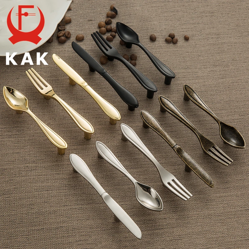 KAK Zinc Alloy Cabinet Handles Kitchen Cupboard Door Pulls 76mm Center Hole Fork Knife Spoon Set Decorative Furniture Handle