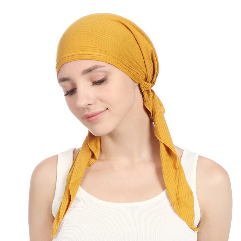 Muslim Women Stretch Solid Wrinkle Turban Hat Cancer Chemo Beanies Caps Pre-Tied Scarf Headwear Headwrap Plated Hair Accessories