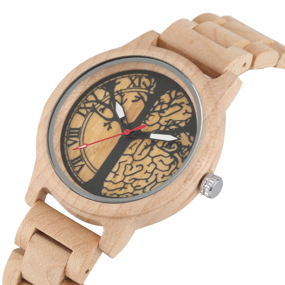 Women\'s Watch Wood Quartz Watch Natural Wood Wristwatch Luminous Full Maple Tree of Life Pattern Dial