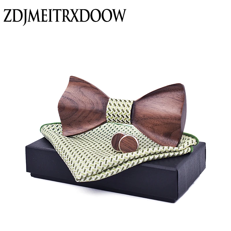 Wood Bow Tie Set Cravat Wooden Box Cufflinks Bowtie Plaid Handkerchief Pocket Square Men Wedding Suit Shirt