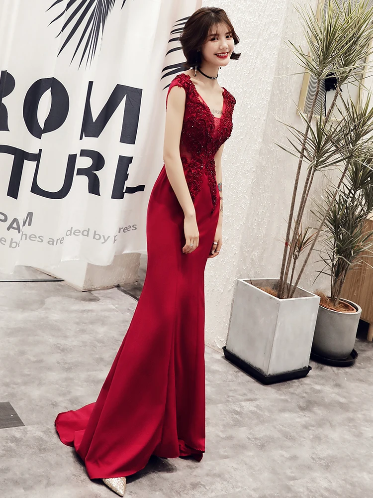 2019 New Mermaid Evening Dress Appliques Beading V-neck Sweep Train Wine Red Prom Party Dress Robe De Soiree Haute Couture