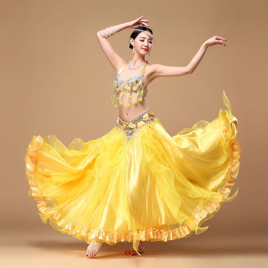 2019 New Women Dancewear Professional 3pcs Outfit  Plus Size Cup C/D Bra Belt Skirt Long Oriental Beaded Belly Dance Costume