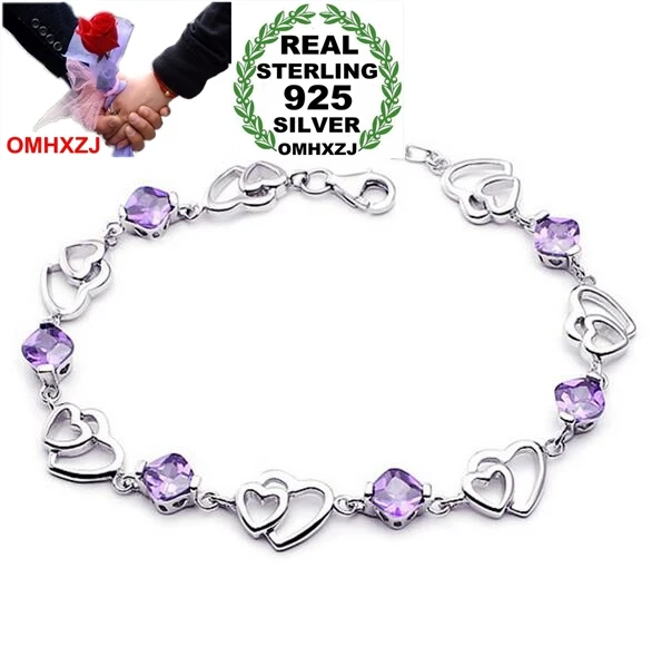 OMH Wholesale Fashion present High Quality  925 Sterling Silver purple Gift Double heart Women Bracelets Bangles SZ41