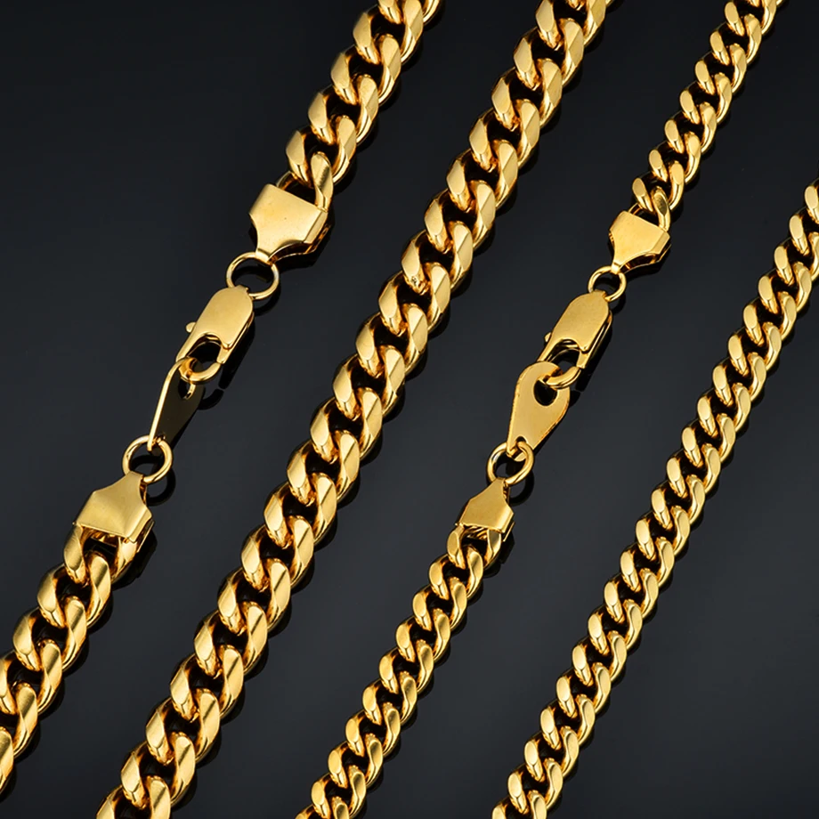 Hiphop Men\'s Thick Neck  Gold Color Stainless Steel Heavy Miami Curb Cuban Link Chains For Men Necklaces Male Jewelry