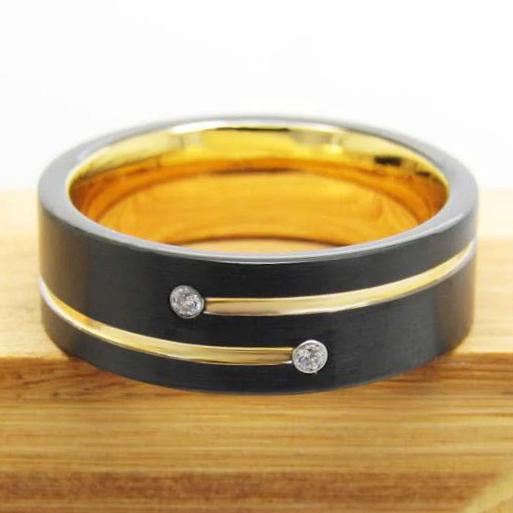 

Classic Wedding Rings for Men Black Tungsten Carbide with Gold Tone Lines AAA CZ Stones Free Engraving Anniversary Ring