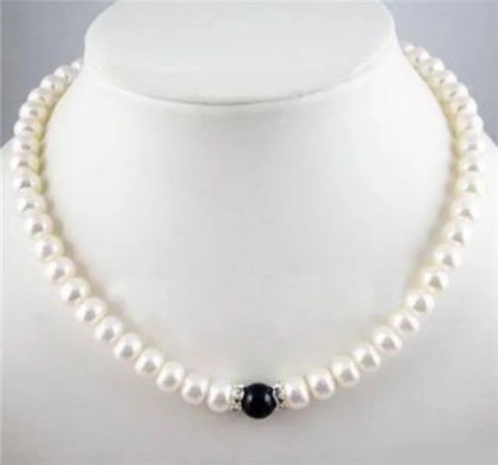 

7-8mm White Freshwater Pearl and Black 10mm Agate Round Beads Necklace 18"^^^@^Noble style Natural Fine jewe REAL SHIPPING