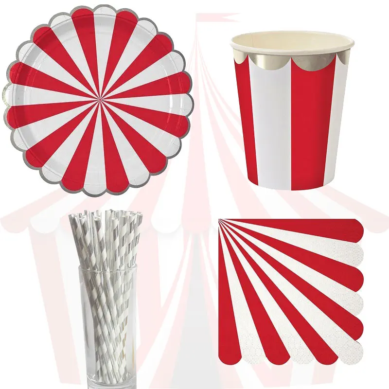 61pcs Red Striped Disposable Tableware Circus Theme Paper Plates Cups Wedding Supplies Foil Bronzing Birthday Party Decorations