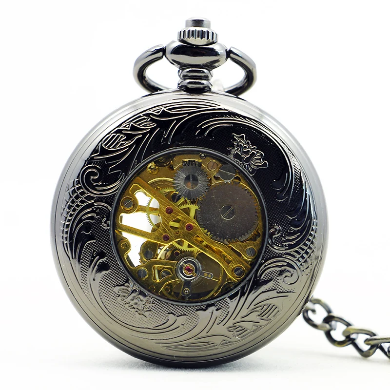 20pcs/lot DHL PJX1155 Hollow Round Arabic Numbers Dial Skeleton Hand-wind Mechanical Men Pocket Watch  With Chain