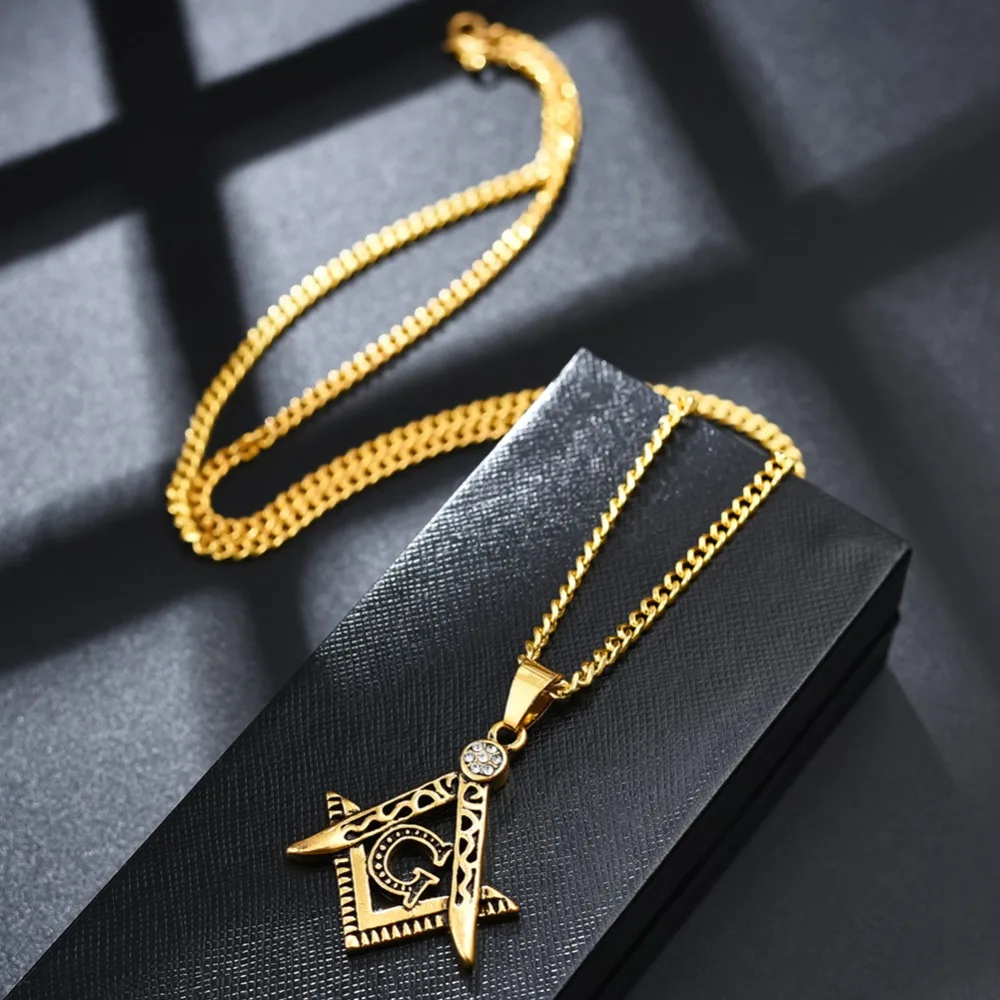 Vintage Masonic Symbol Necklaces Male Gold Color Stainless Steel Punk Fashion Freemason Mason Pendant With 20-27\