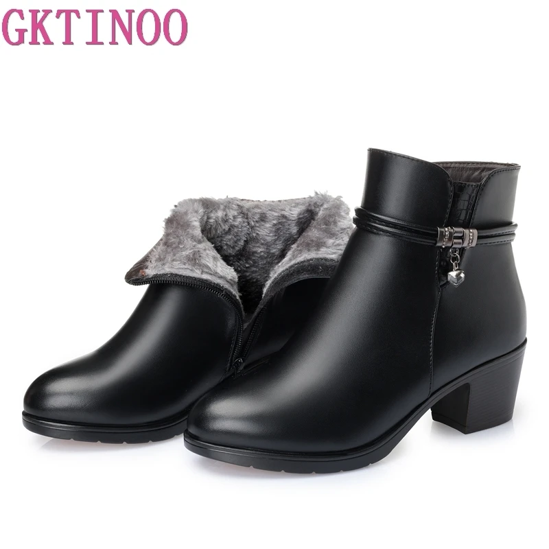 GKTINOO 2024 NEW Fashion Soft Leather Women Ankle Boots High Heels Zipper Shoes Warm Fur Winter Boots for Women Plus Size 35-43