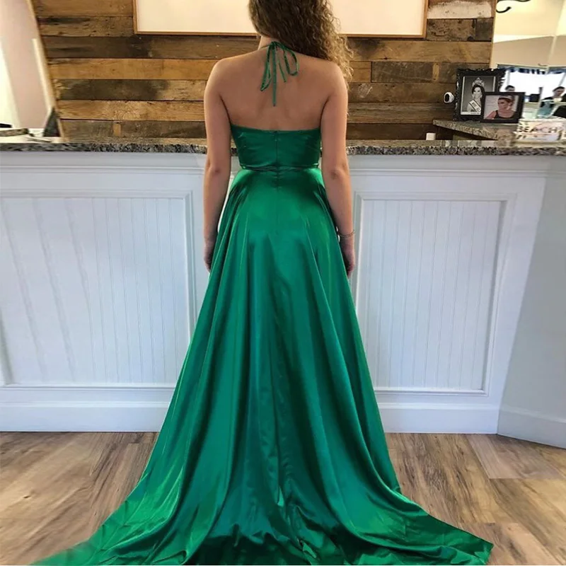 Sexy Voorkant Split Dark Green Lange Avondjurken Met Pocket Halter Hals Formele Avond Party Jurk Vestido De Noche Prom jurk