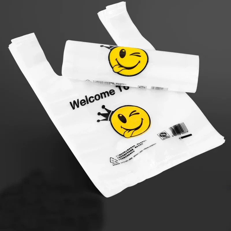 50pcs/pack 9 Sizes Carry Out Bags Smile Gift Bag Retail Supermarket Grocery Shopping Plastic Bags With Handle Food Packaging