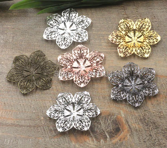 40mm Multi-color Plated Brass Metal Blank Circle 3D Filigree Flower Links Wraps Connectors DIY Jewelry Findings Connectors