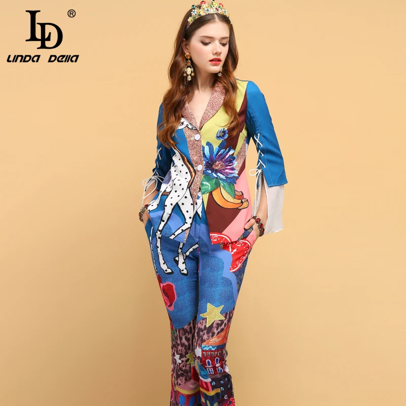 LD LINDA DELLA Fashion Designer Summer Vintage Suits Women\'s Bow Tie Animal Print Shirt and Floral Printed Pants 2 Pieces Set