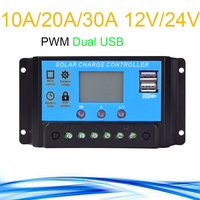 10A/20A/30A 12V 24V Auto Solar Charge Controller PWM Controllers LCD Dual USB 5V Output Solar Panel System DIY Kit PV Regulator