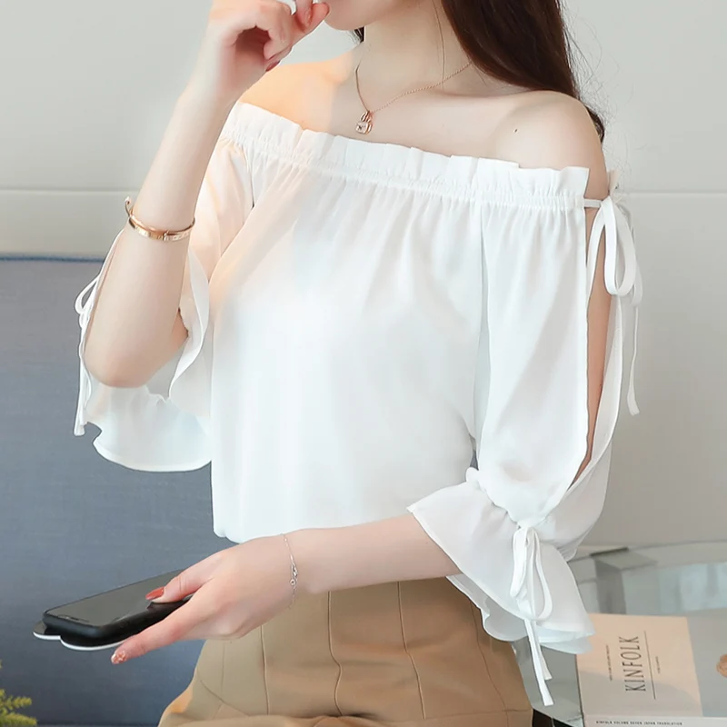 Blusas Mujer De Moda 2024Chiffon Blouse Women Summer Blouse Slash Neck Off Shoulder Top Womens Tops And Blouses B107