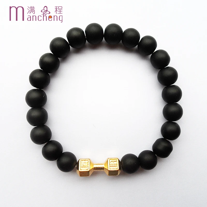 New design Black Onyx Matte Onyx Dumbbell Live Lift Bracelet,Good quality Fitness Barbell Charm Beaded Live Lift Yoja Bracelet