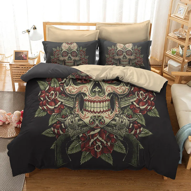 

Fanaijia rose Skull Bedding Sets queen size Sugar pistol skull Duvet Cover Bed cool skull Print Black Bedclothes AU US bedline