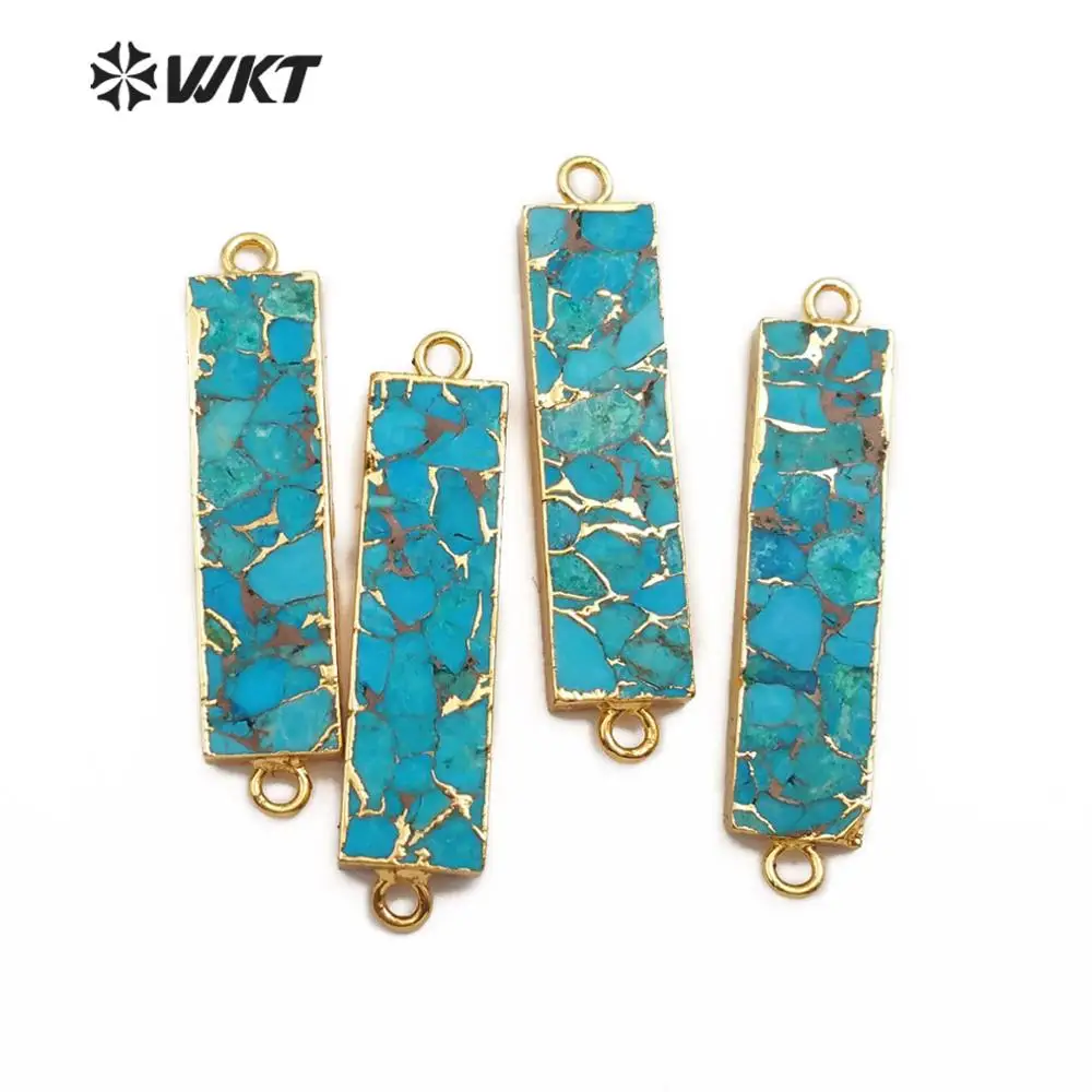 WT-C283 Natural Blue Vein Tur-quoises Pendant Rectangle Shape Gem-stones Connector Gold Electroplated Pendant For Jewelry Making