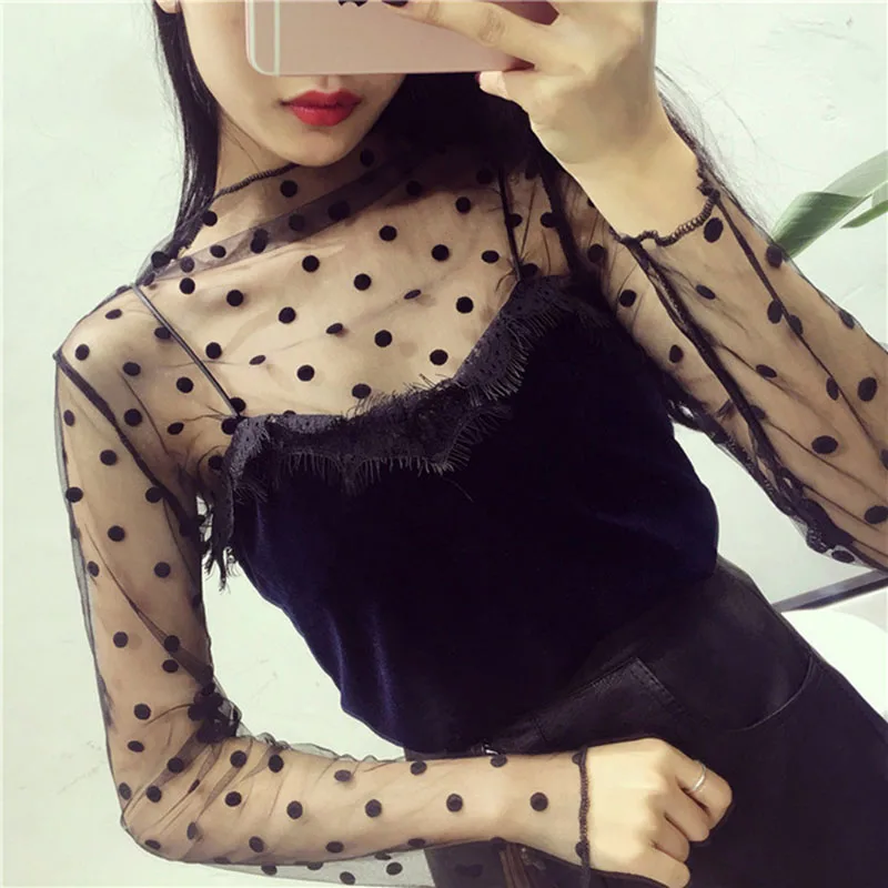 Women Sexy Mesh Blouse Black Tops Summer Long Sleeve Stand Collar Female Casual Elegant Hollow Out Ladies Dot Star Striped Shirt