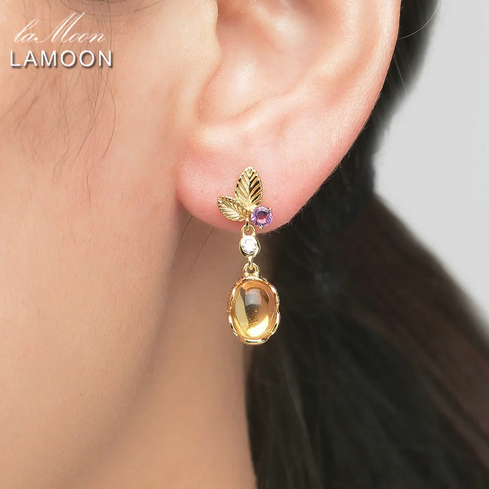 LAMOON 6x8mm 3.2 Carat 100% Natural Oval Citrine 925 Sterling Silver Jewelry  Drop Earrings S925 LMEI007