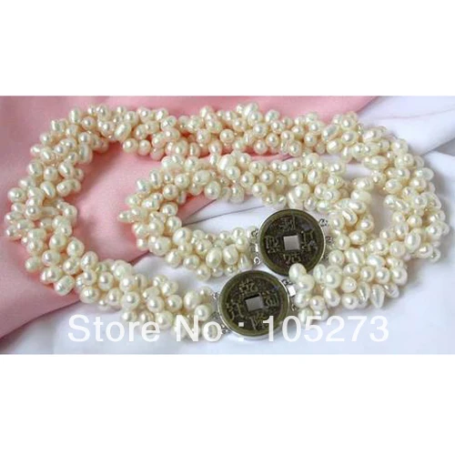 Elegant Natural Pearl Jewelry Set 17'' 4 Strands 7-8mm White Color Freshwater Pearl Necklace Bracelet Old Coin Clasp Free Ship